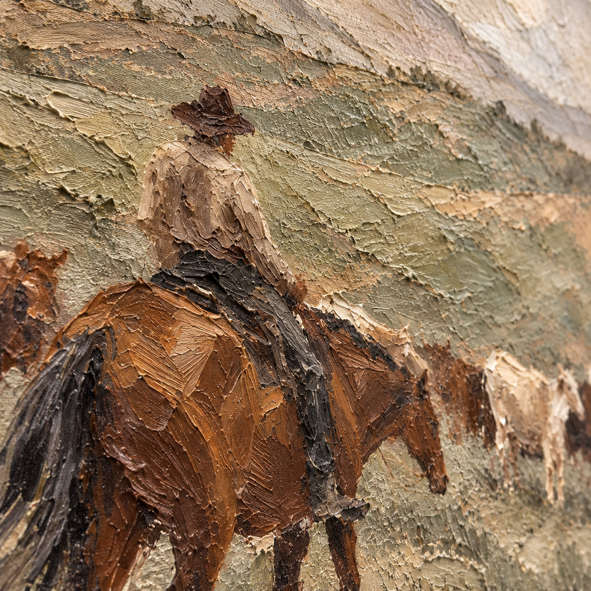 Range-Drift oil painting brushwork and impasto detail photographed from an oblique side angle
