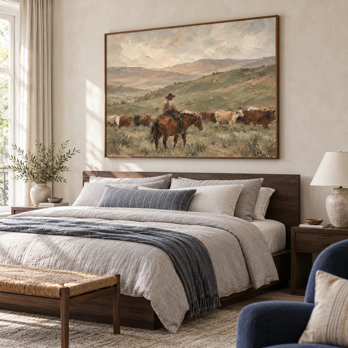 Range-Drift as a warm, tactile focal point in a quiet bedroom.