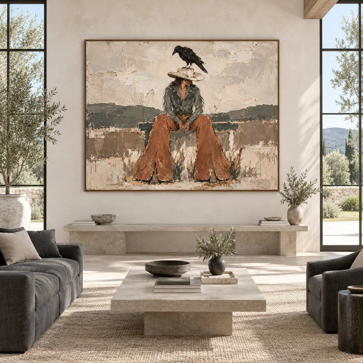 Raven-Perch displayed at large scale on a bright gallery wall in an open living space.