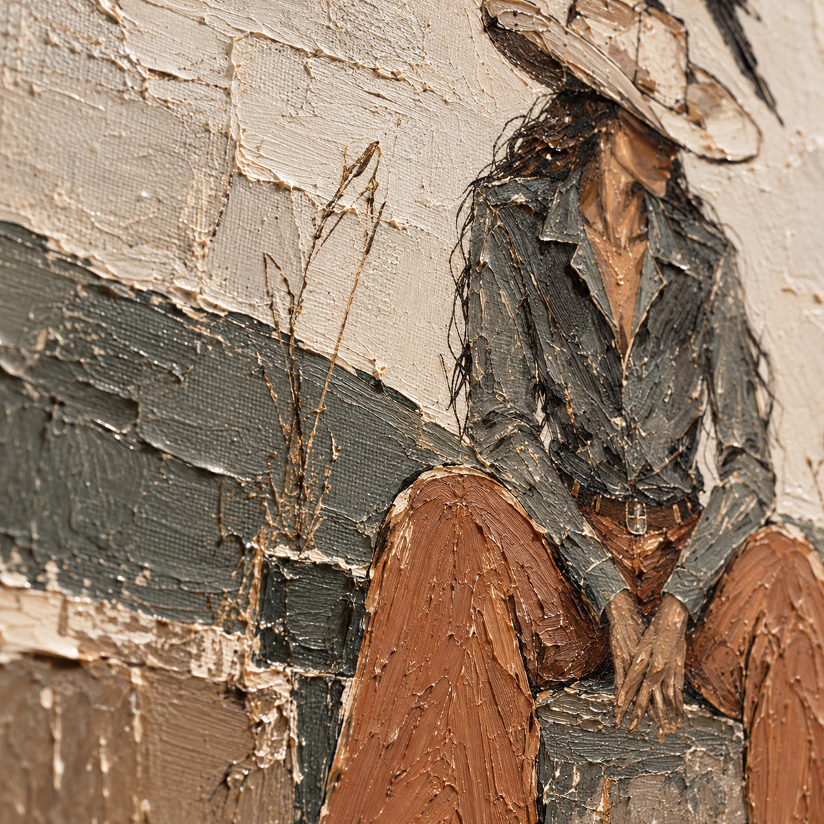 Raven-Perch oil painting brushwork and impasto detail photographed from an oblique side angle