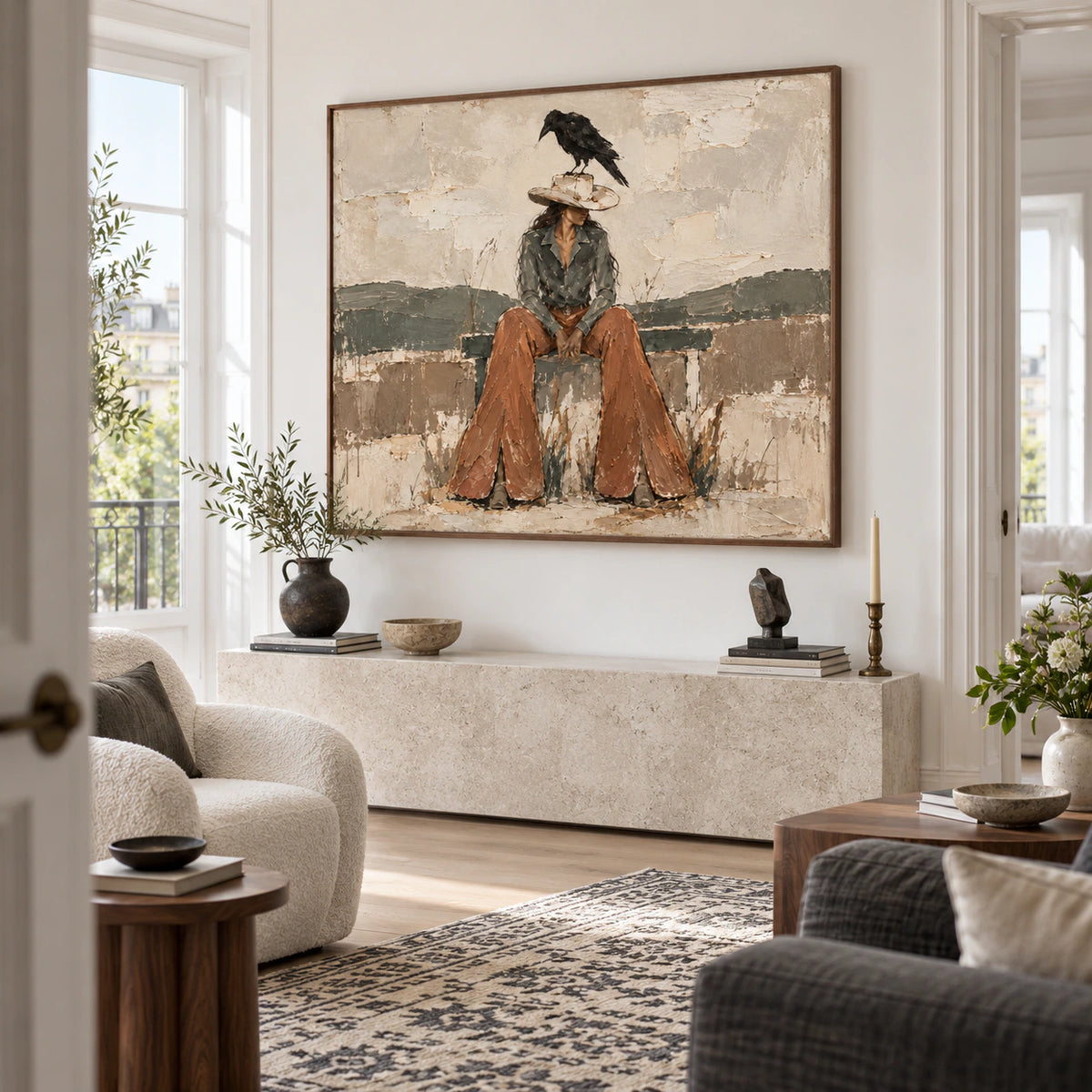 Raven-Perch above a restrained sofa in a bright contemporary living room.