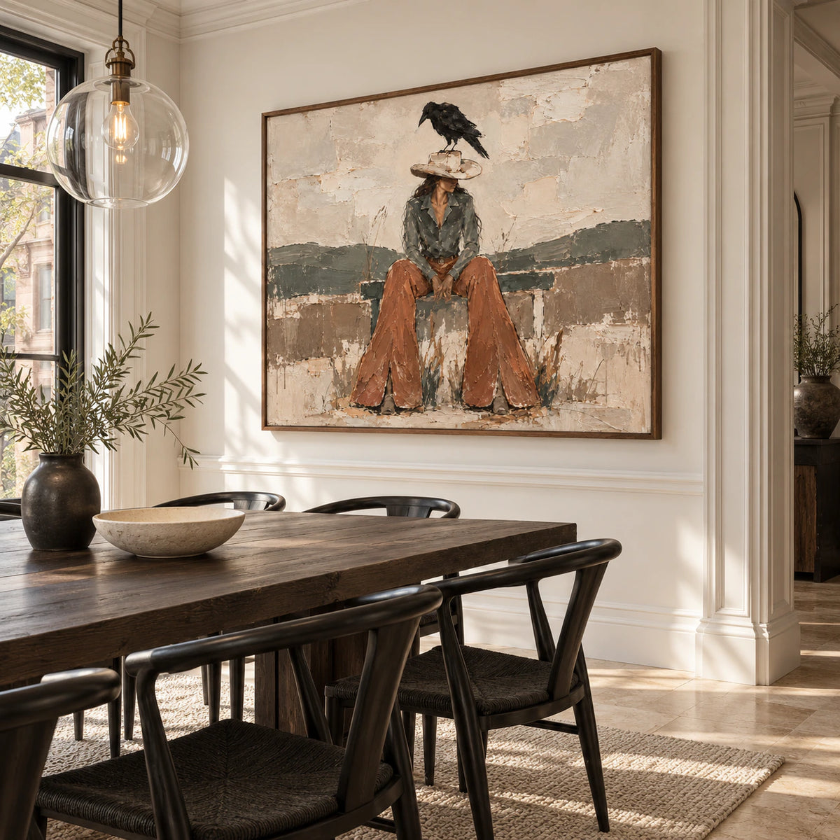 Raven-Perch as the focal artwork in a refined daylight dining room.