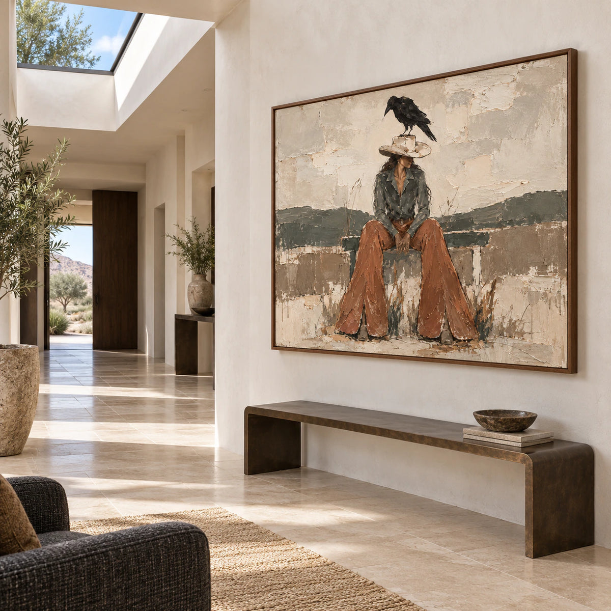 Raven-Perch at gallery scale in a spacious, sunlit foyer.