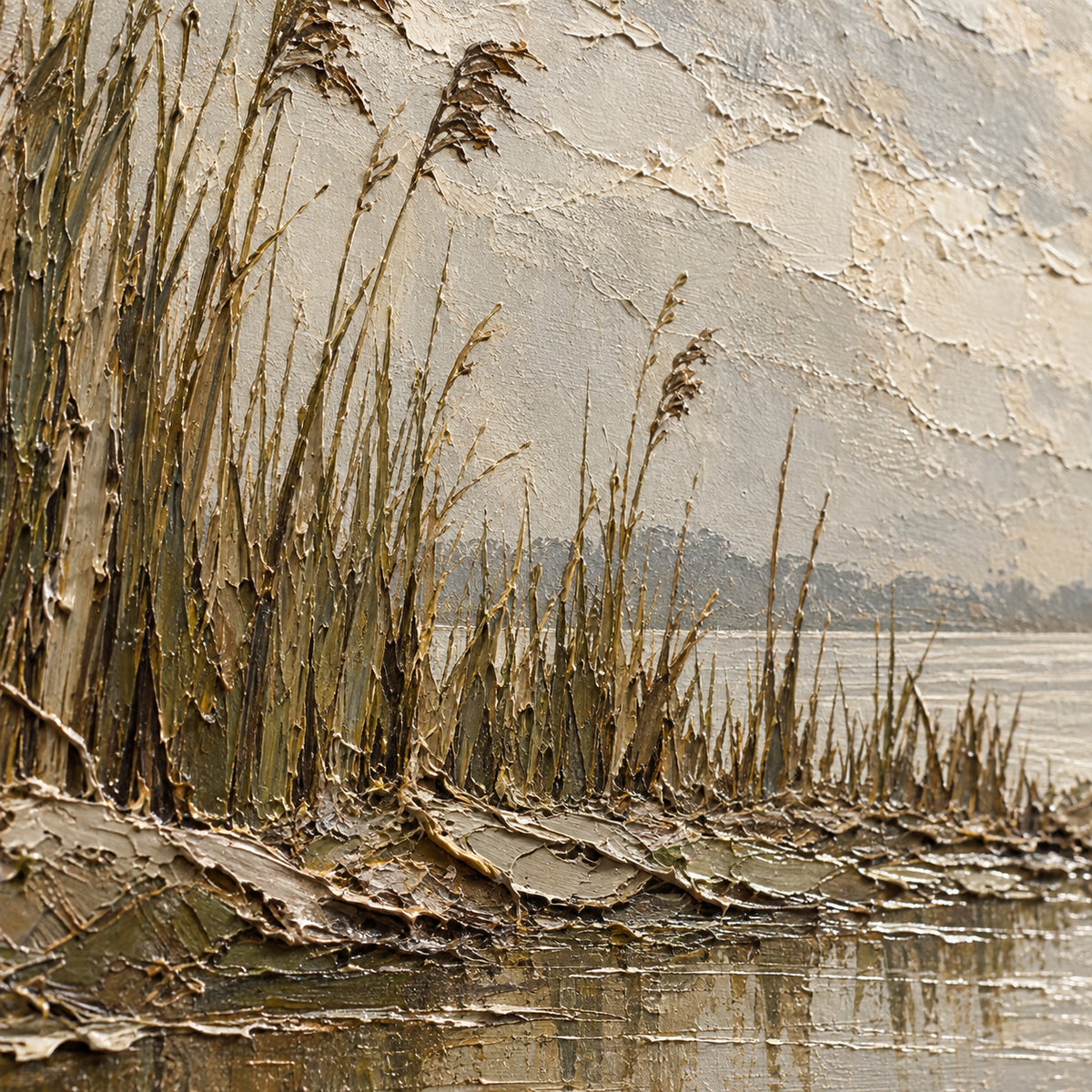 Reed-Interval oil painting brushwork and impasto detail photographed from an oblique side angle