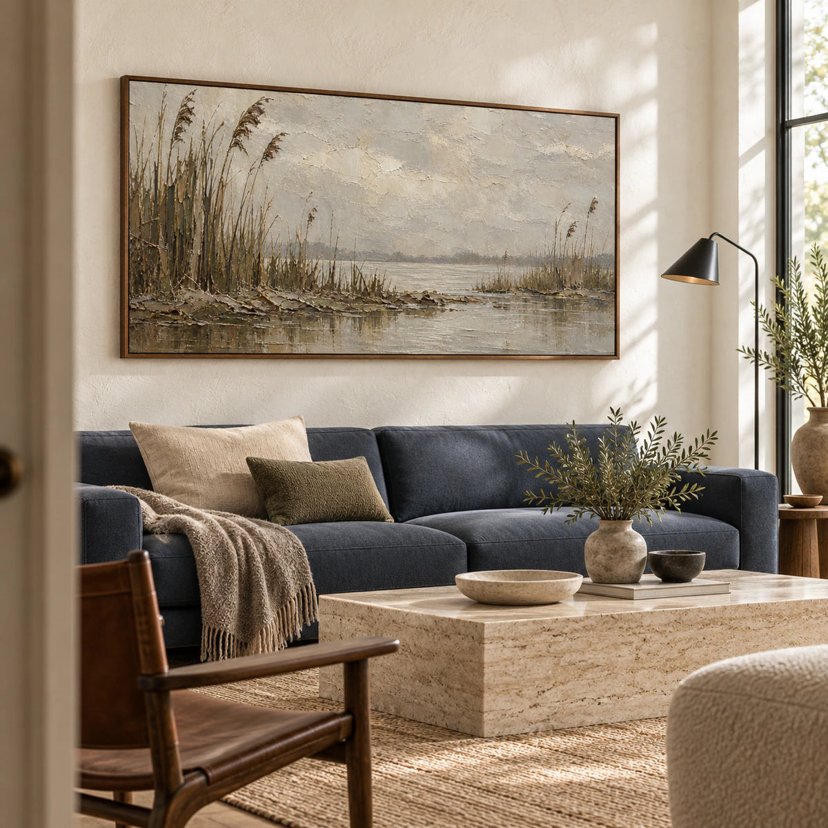Reed-Interval above a bright living room sofa in natural daylight.