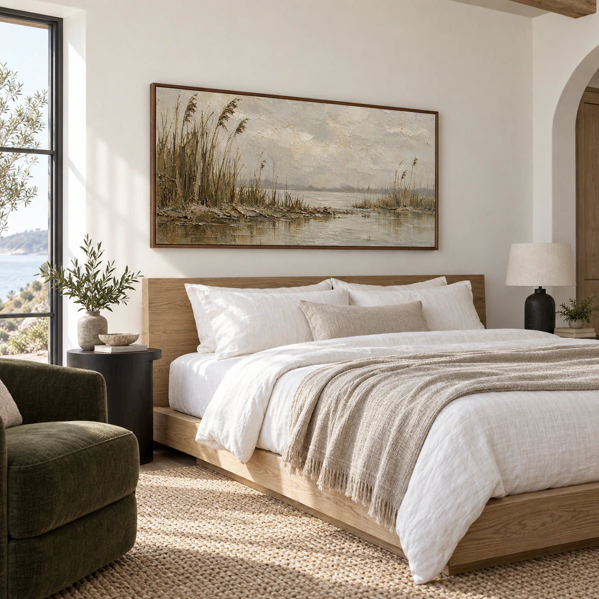 Reed-Interval above a low bed in a quiet, airy bedroom.
