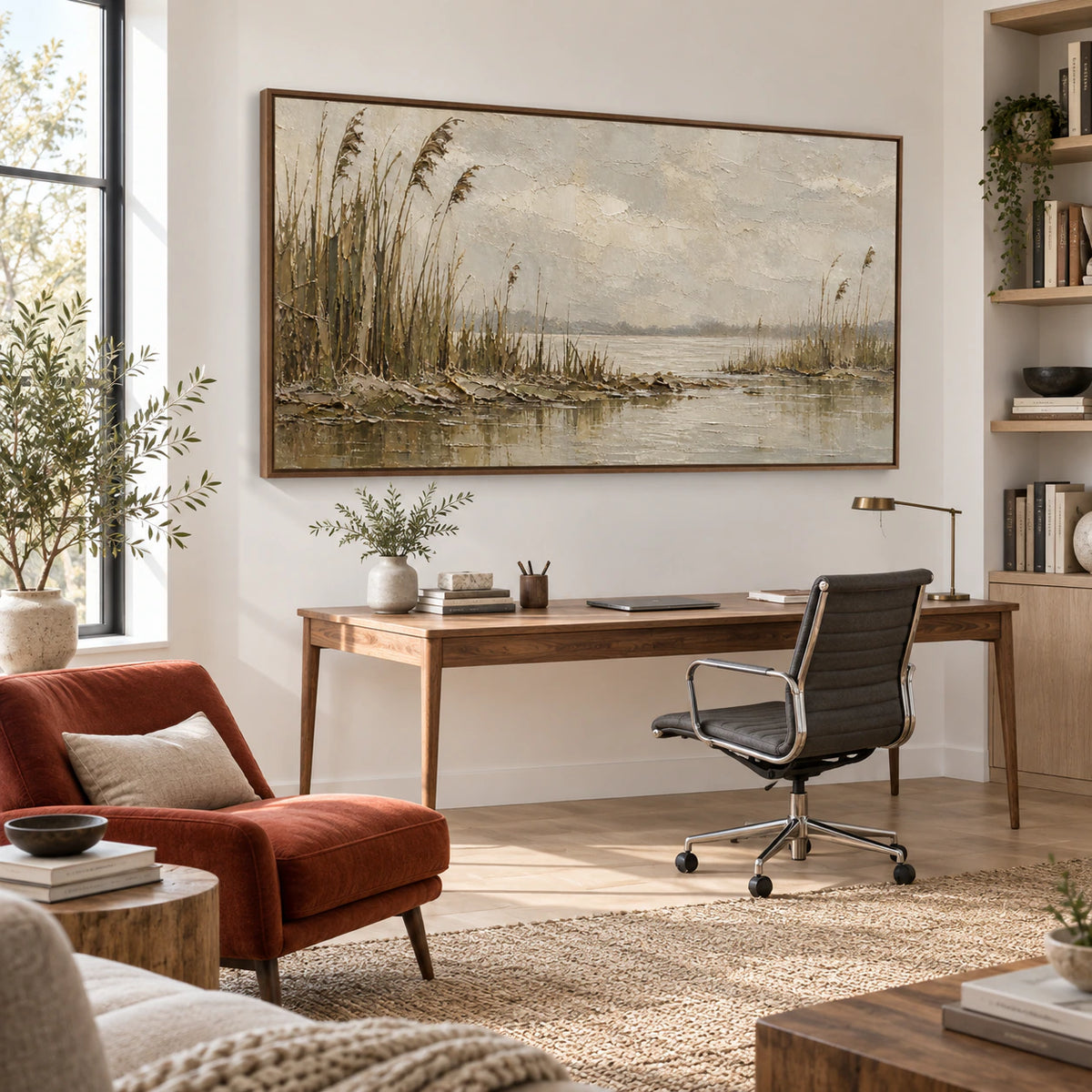 Reed-Interval in a light-filled home office reading space.