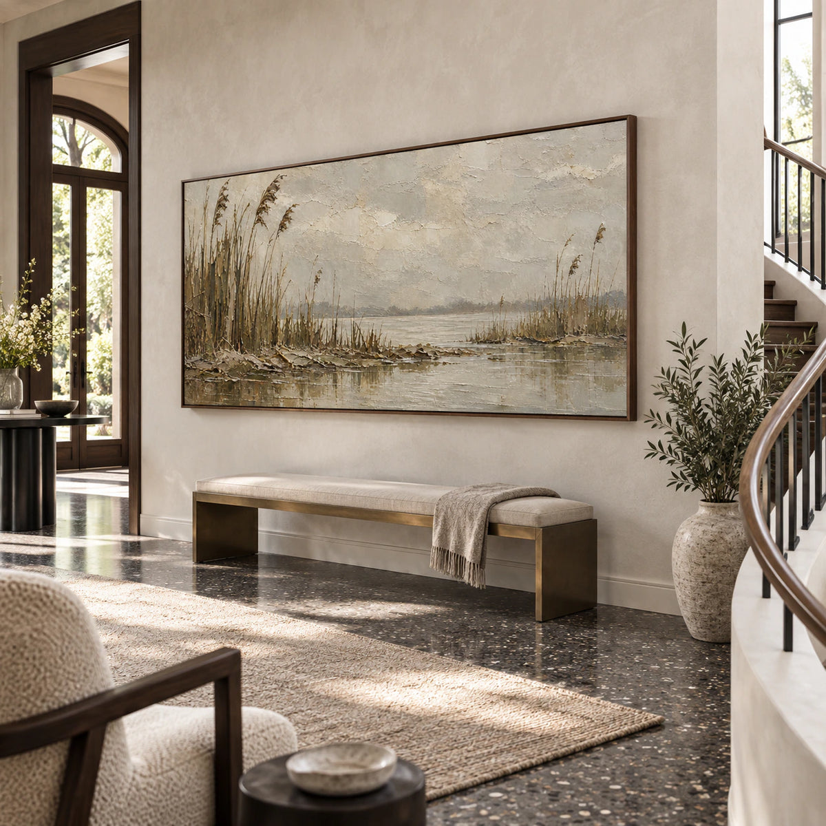 Reed-Interval presented at gallery scale in a bright stone foyer.