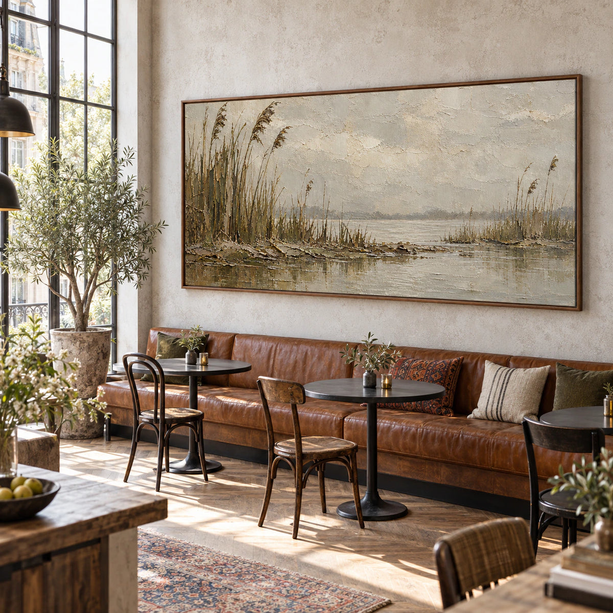 Reed-Interval anchoring an expansive daylight-filled loft hospitality interior.