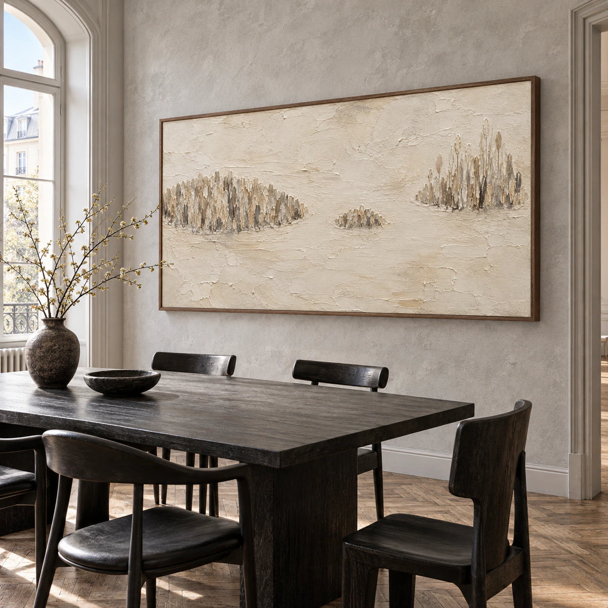 Reed-Quiet as the focal artwork in a refined sunlit dining room.