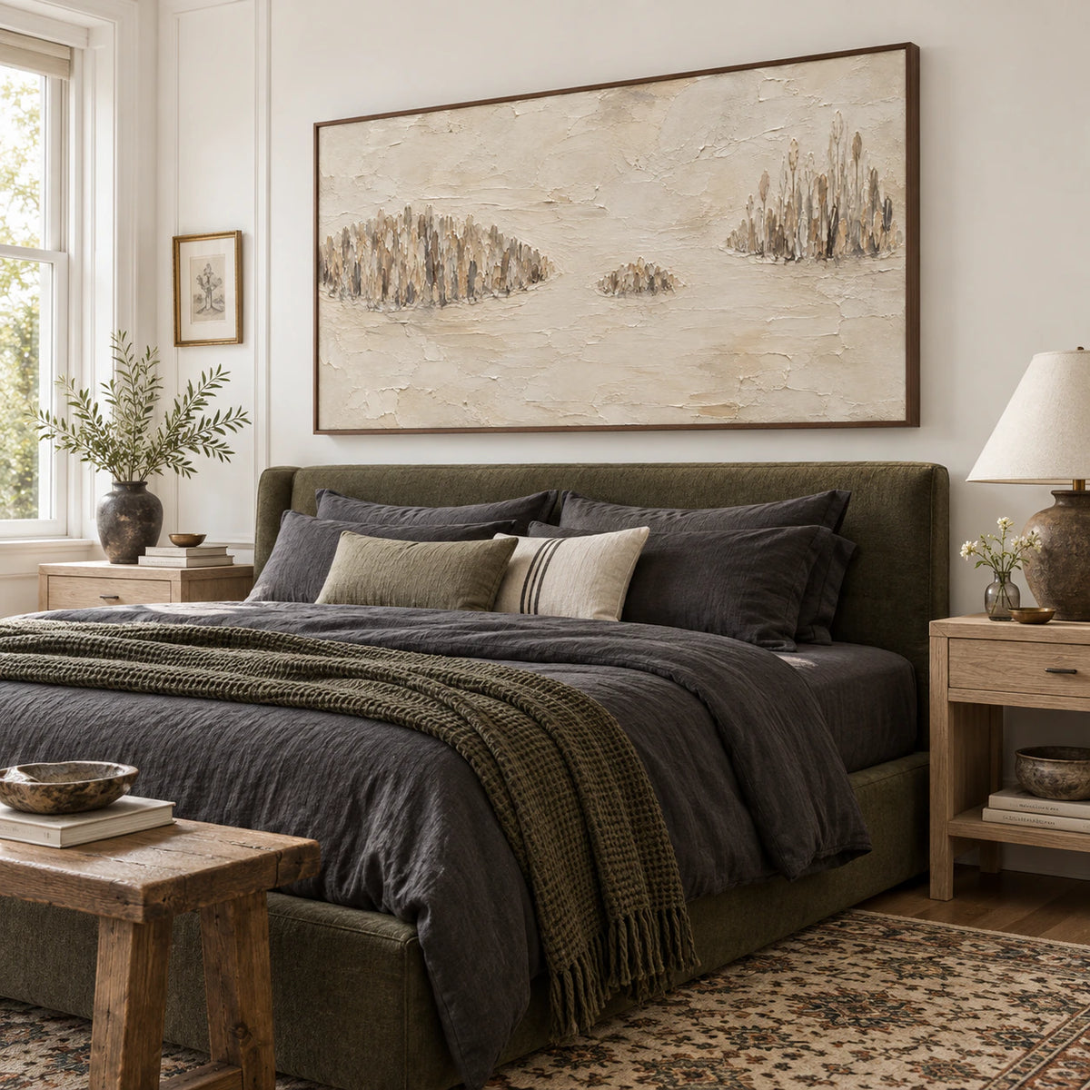 Reed-Quiet above a low bed in a quiet, naturally lit bedroom.