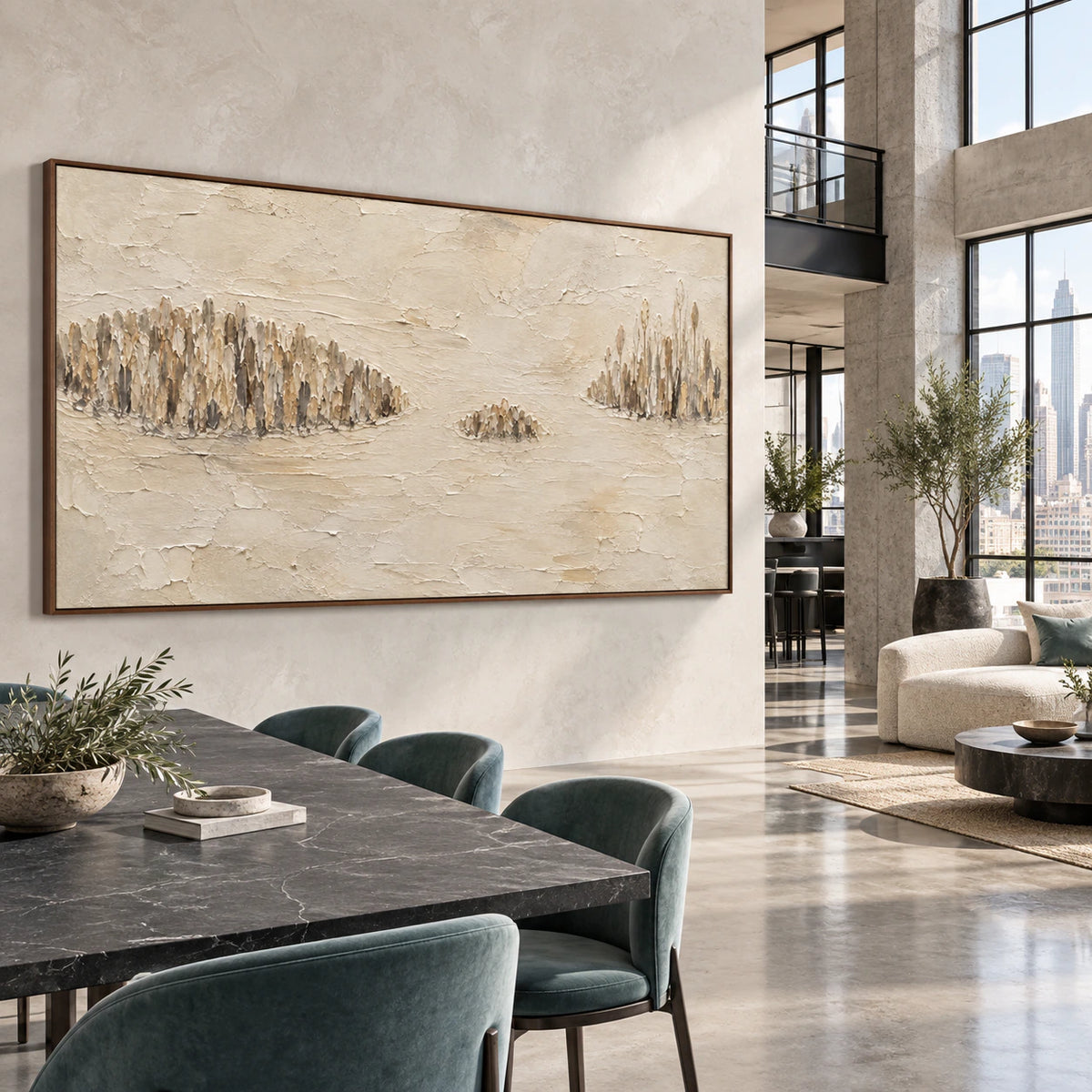 Reed-Quiet as a large focal artwork in an expansive hospitality loft.
