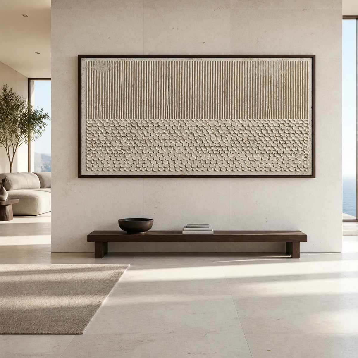 Reed-Relief displayed at large scale, straight-on in a bright expansive living space.