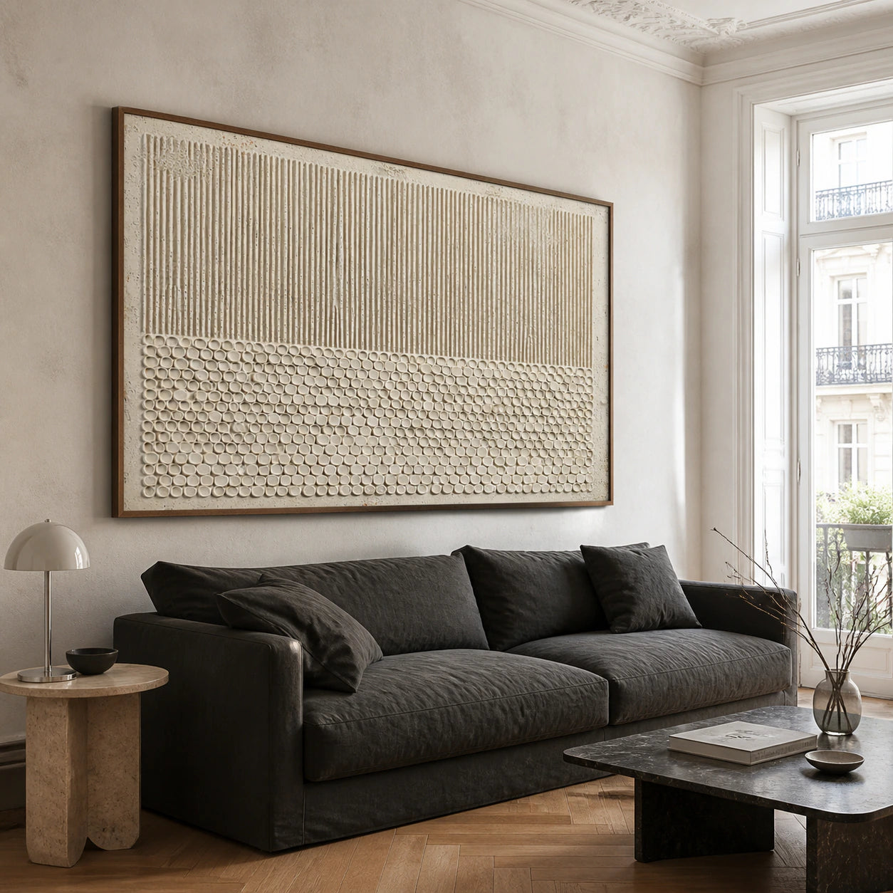 Reed-Relief as a large focal artwork in a bright contemporary living room.