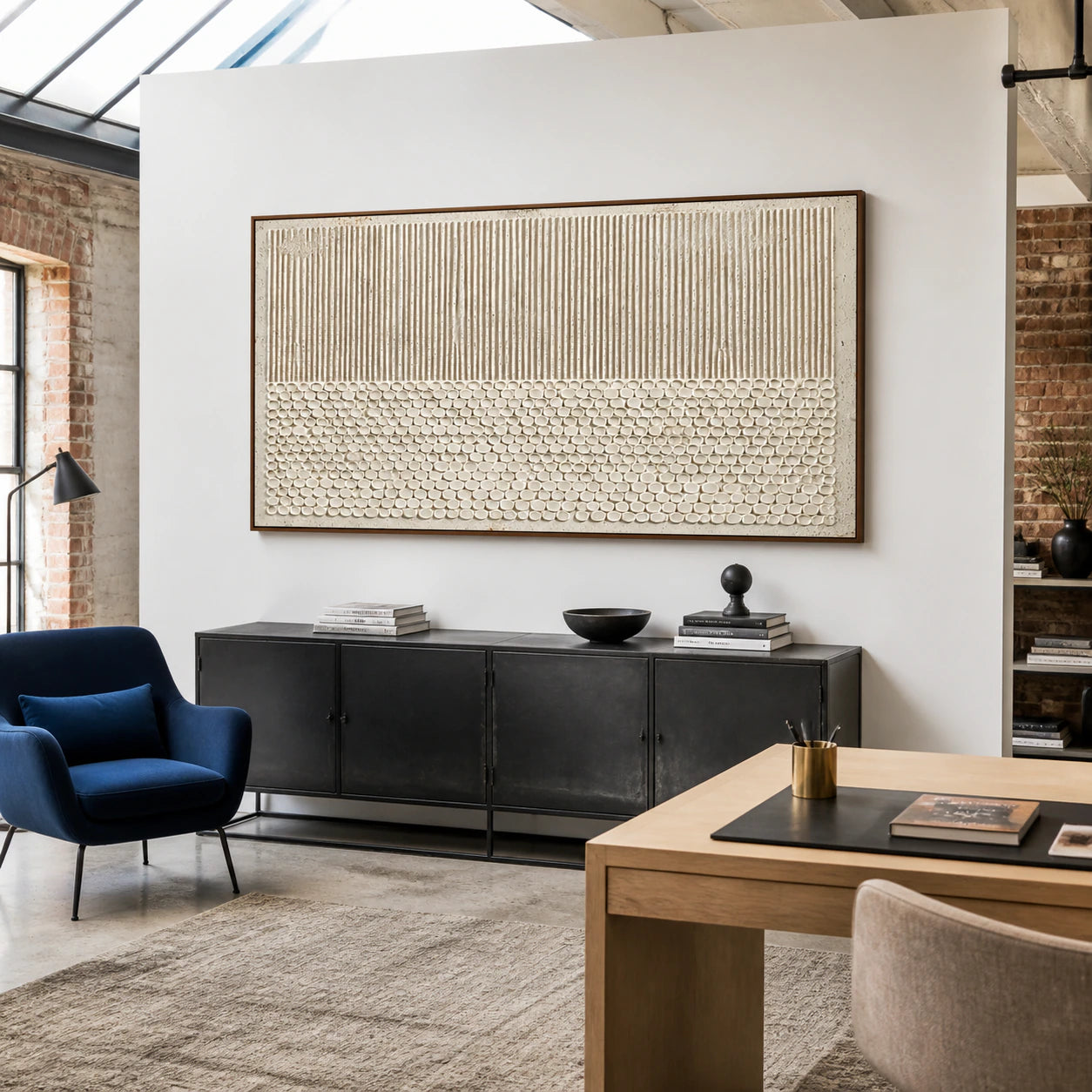 Reed-Relief as the focal point in an airy home office reading space.