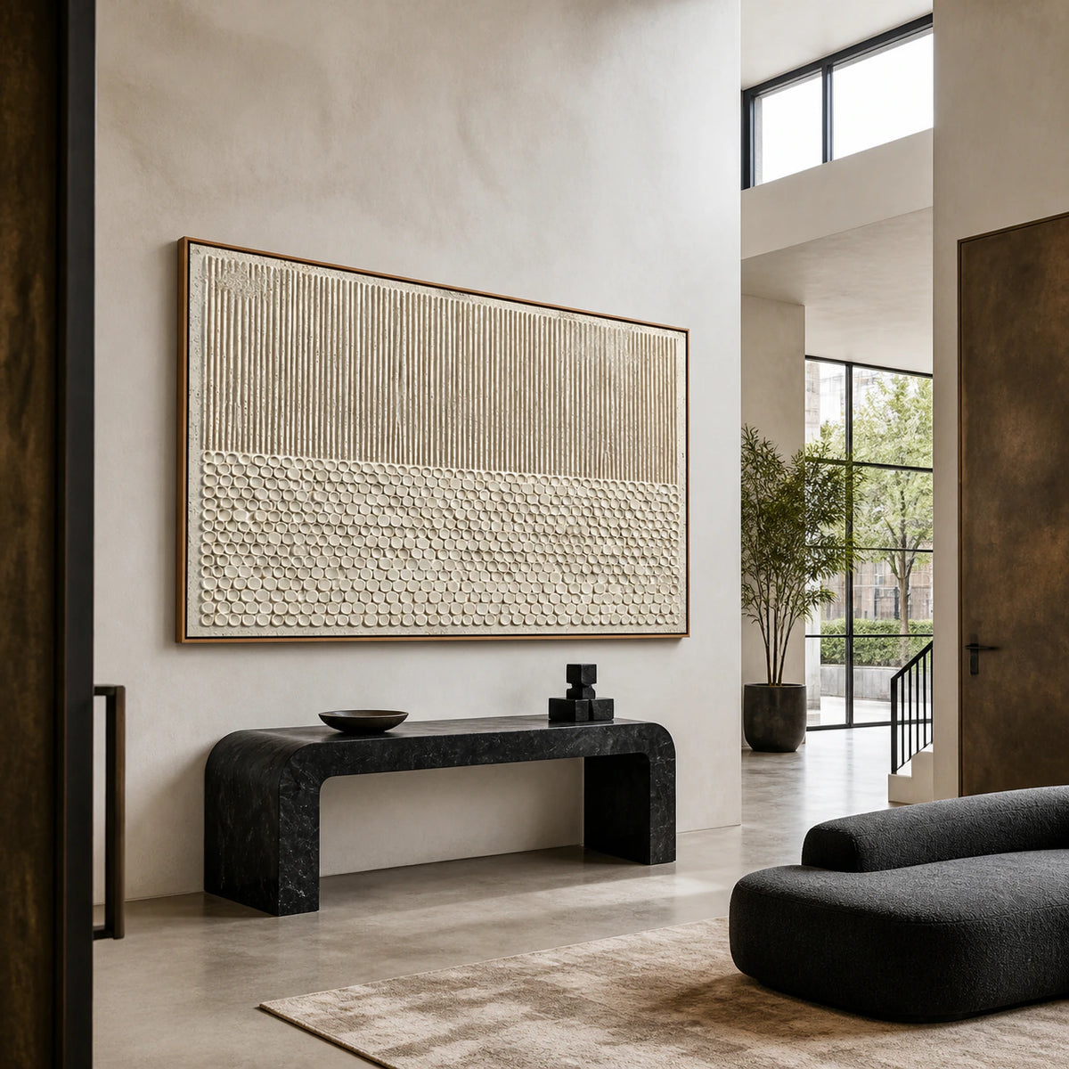 Reed-Relief presented at gallery scale in a bright architectural foyer.