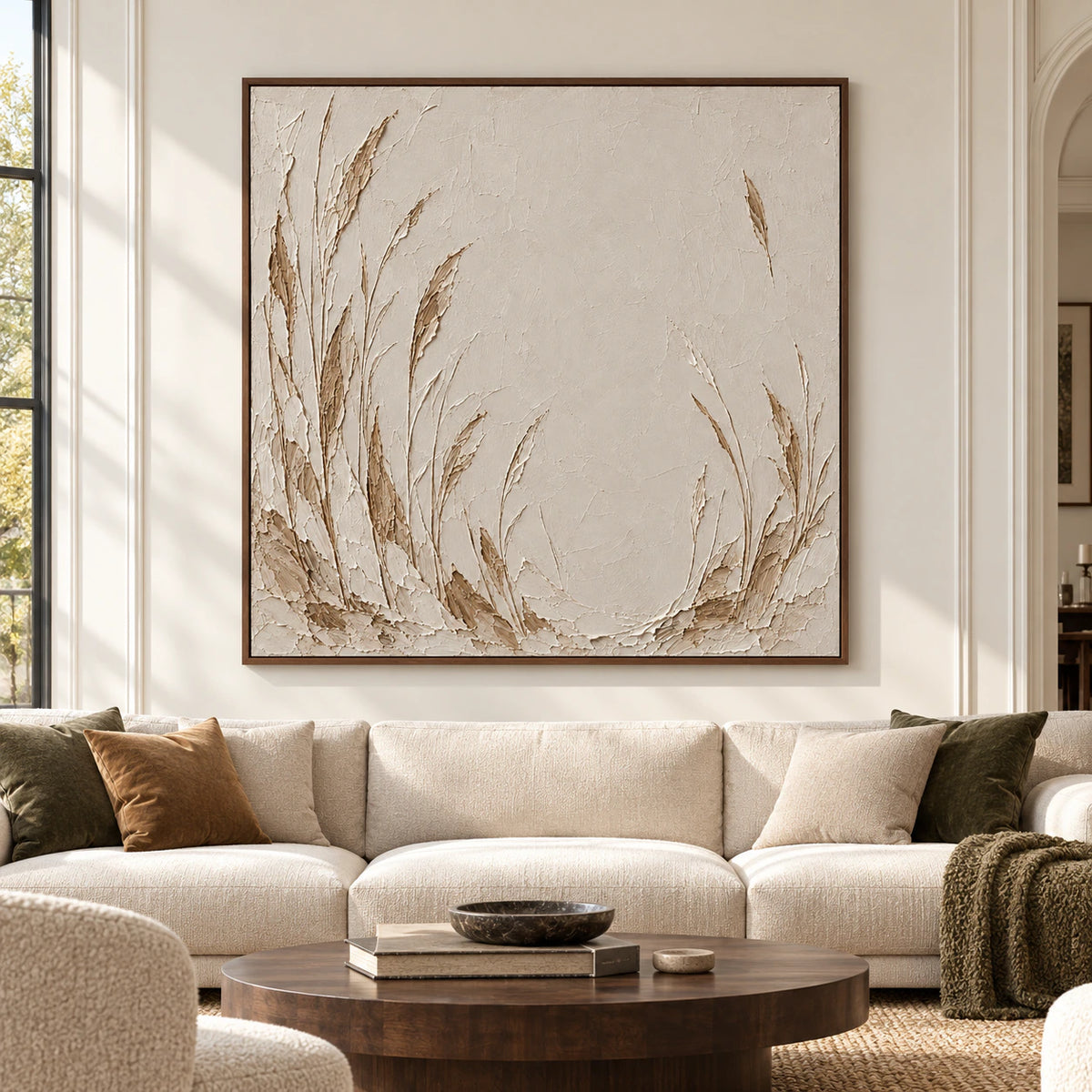 Large square ivory and taupe reed painting viewed straight-on above a cream sofa in a spacious living room with bright natural daylight.
