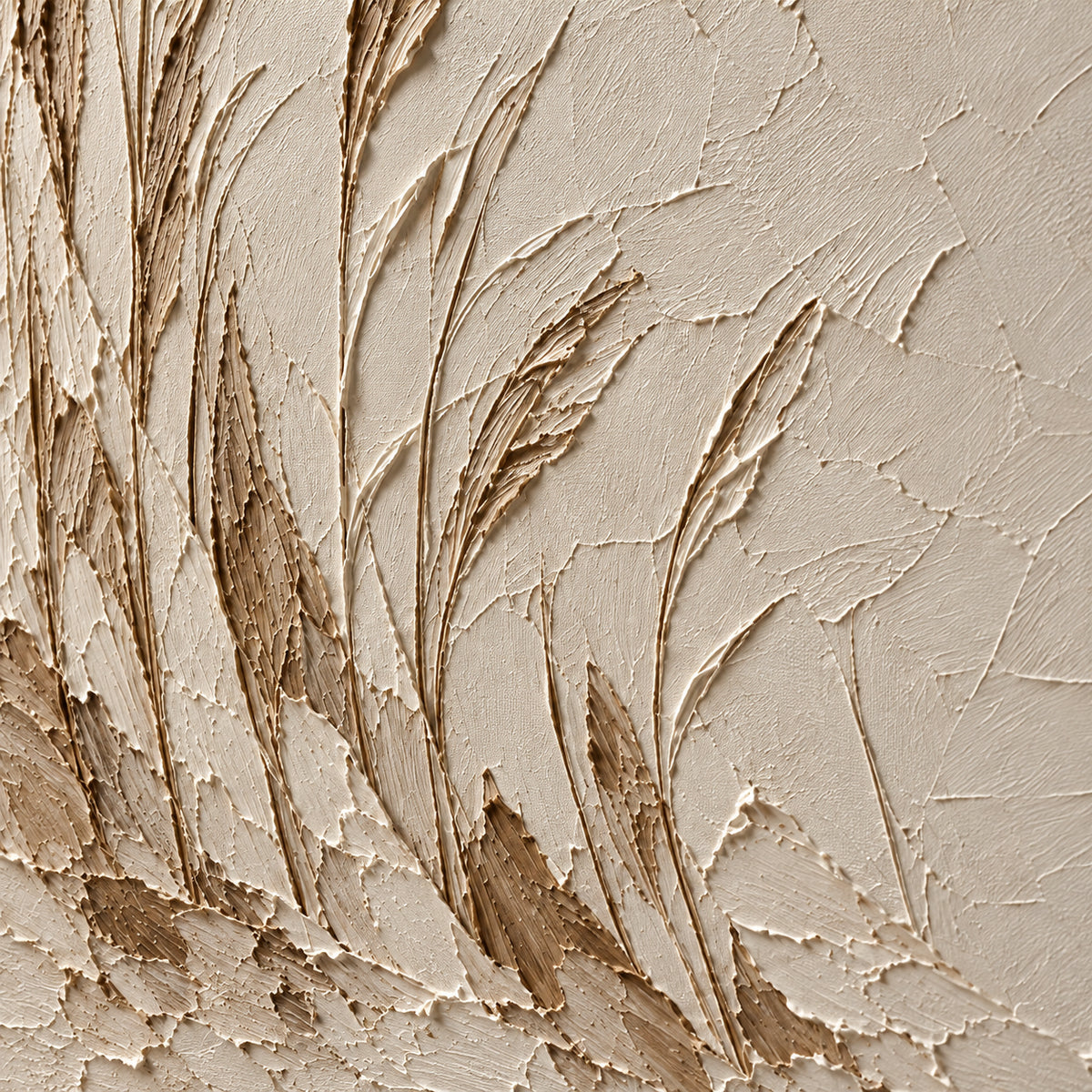 Close oblique detail of the ivory and taupe reed oil painting, with grazing light revealing raised paint ridges and shallow shadows.