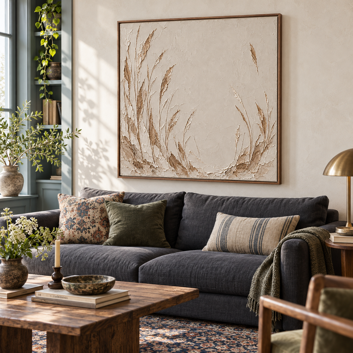 Large square ivory and taupe reed painting above a charcoal linen sofa in a bright living room with pale stone walls and soft daylight shadows.