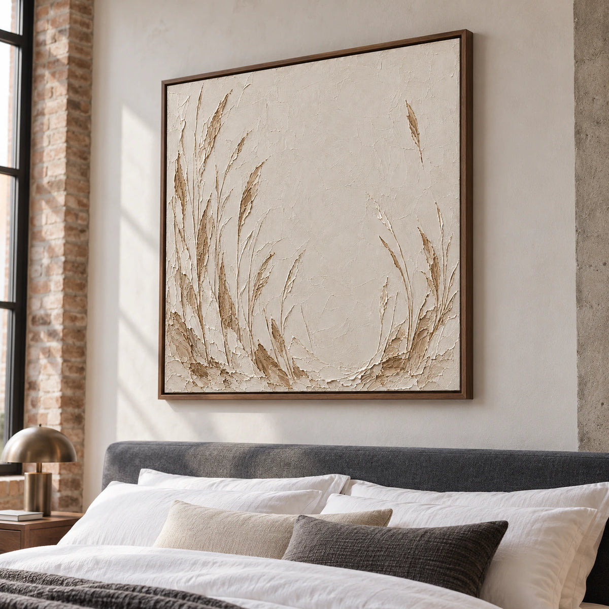 Square ivory and taupe reed painting above a low bed with white linen and a deep slate headboard, viewed from the right and slightly below eye level.
