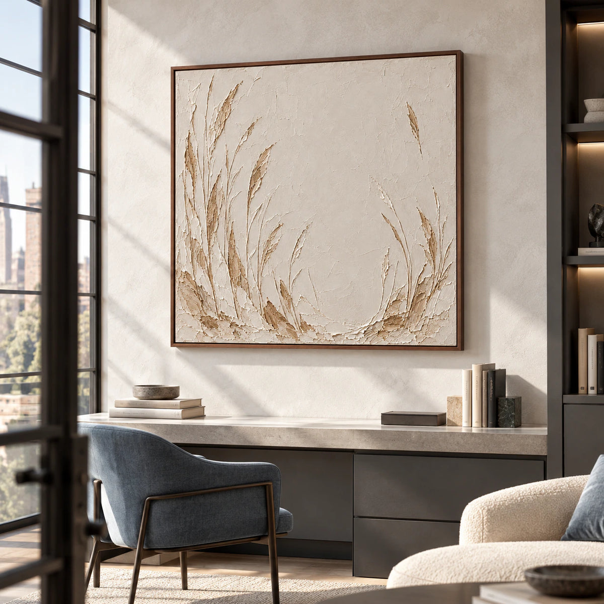 Square ivory and taupe reed painting over a simple desk with cool gray cabinetry and a muted blue chair, viewed from the left at seated height in side daylight.