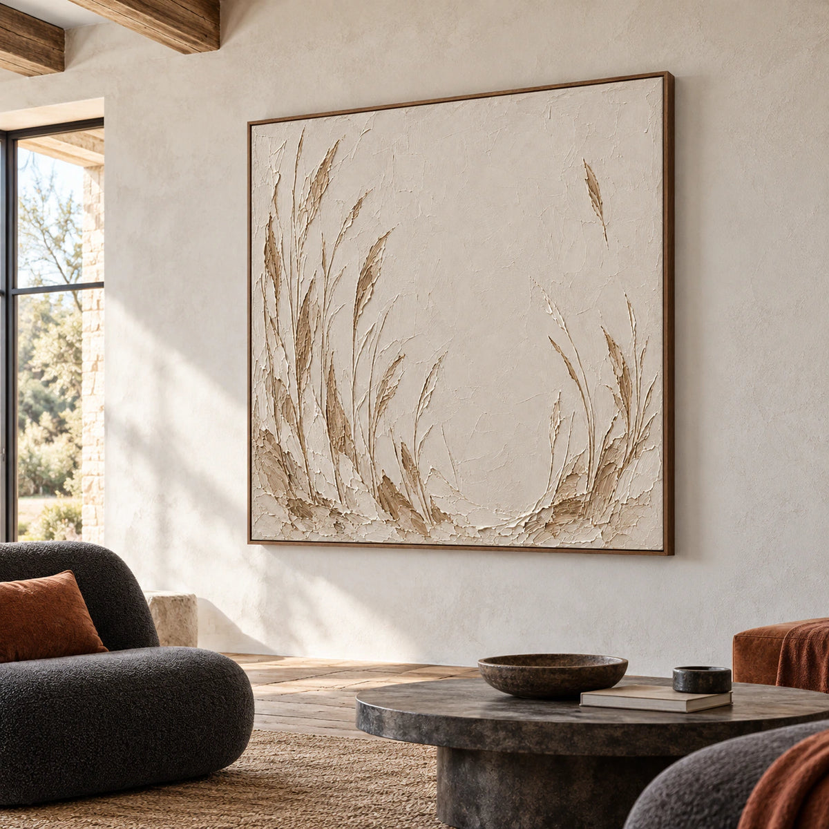 Large square ivory and taupe reed painting in a hospitality loft with pale concrete walls, sculptural charcoal seating and rust accents, viewed from a distant low left angle.