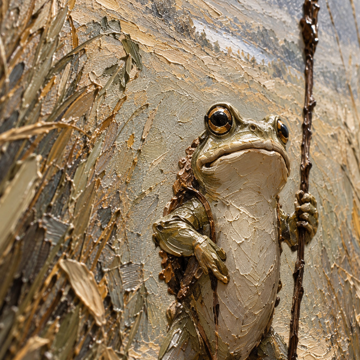 Reed-Warden oil painting brushwork and impasto detail photographed from an oblique side angle
