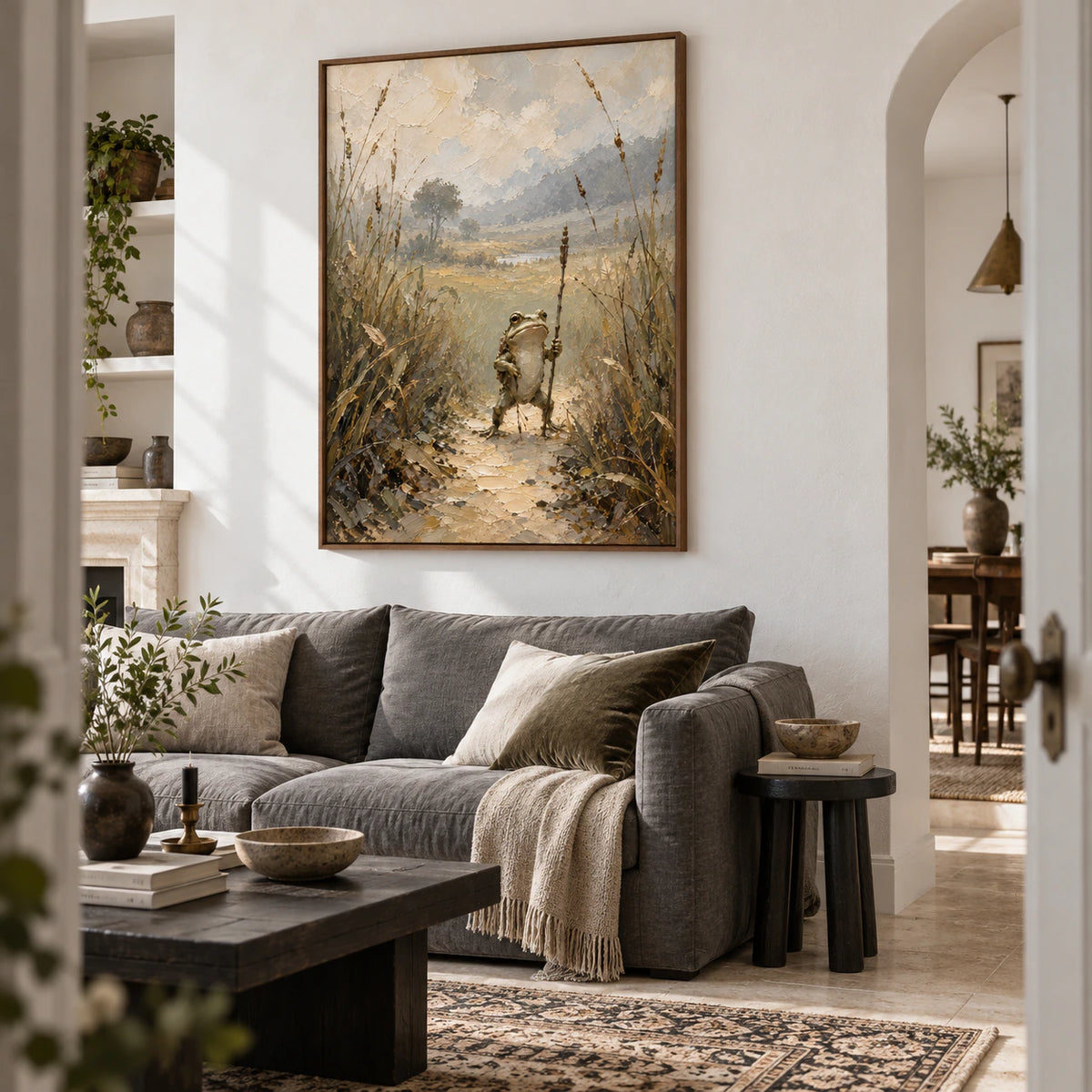 Reed-Warden above a restrained sofa in a bright, open living room.