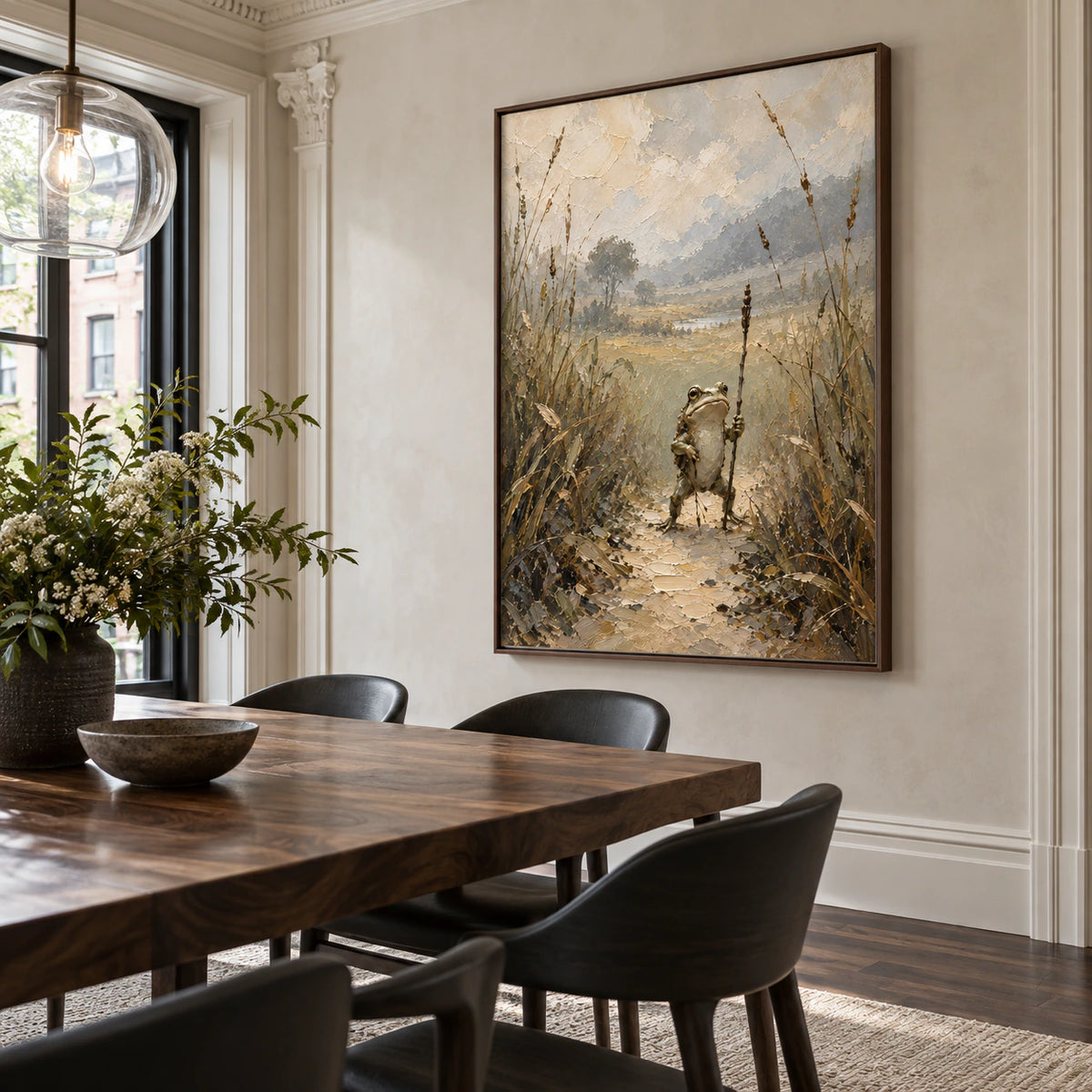 Reed-Warden as a large focal artwork in a refined daylight dining room.