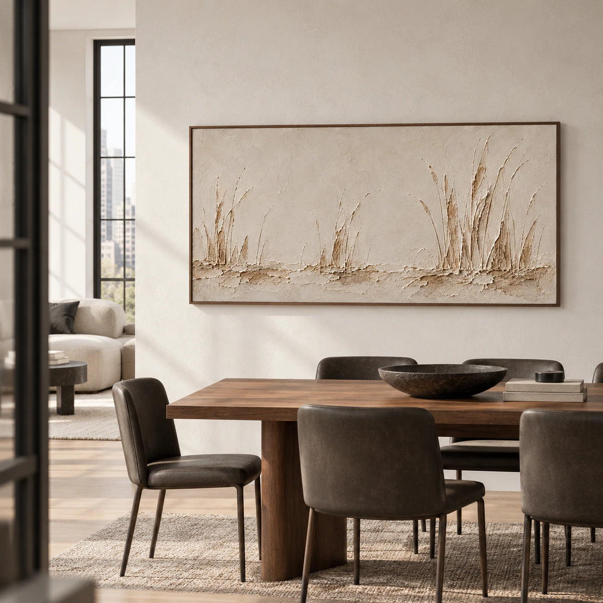 Reedlight Passage artwork anchoring a refined dining room.