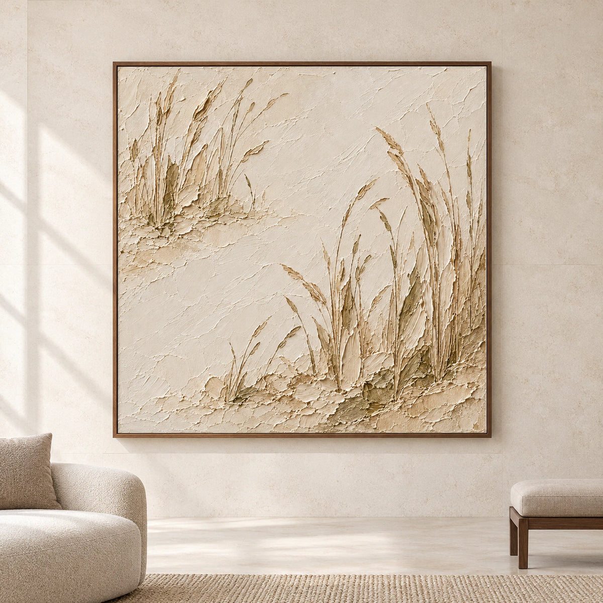 Large square artwork with raised reed-like strokes and broken earth bands displayed on a spacious gallery wall.