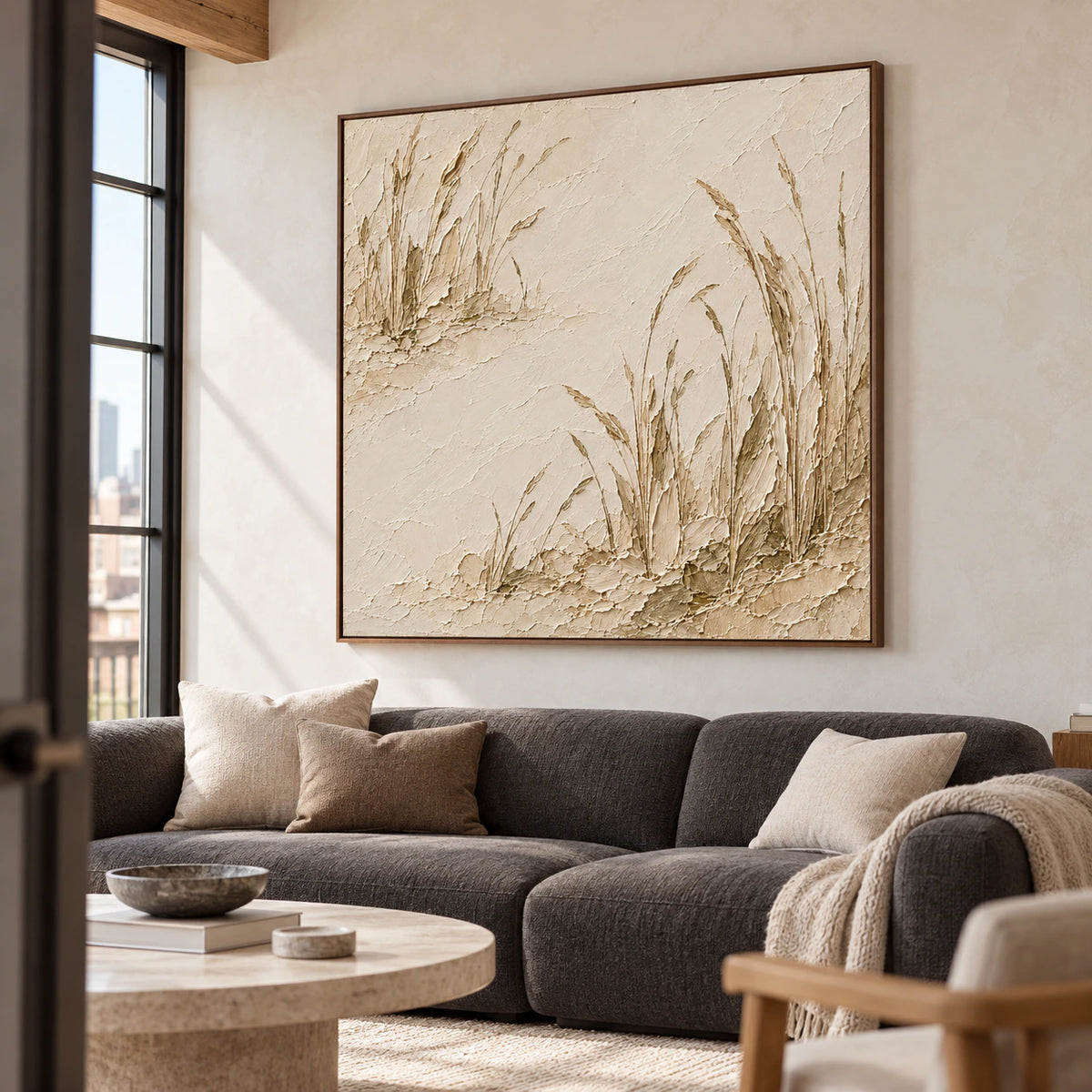Large square textured artwork above a low charcoal sofa in a bright living room with pale plaster walls and oak accents.