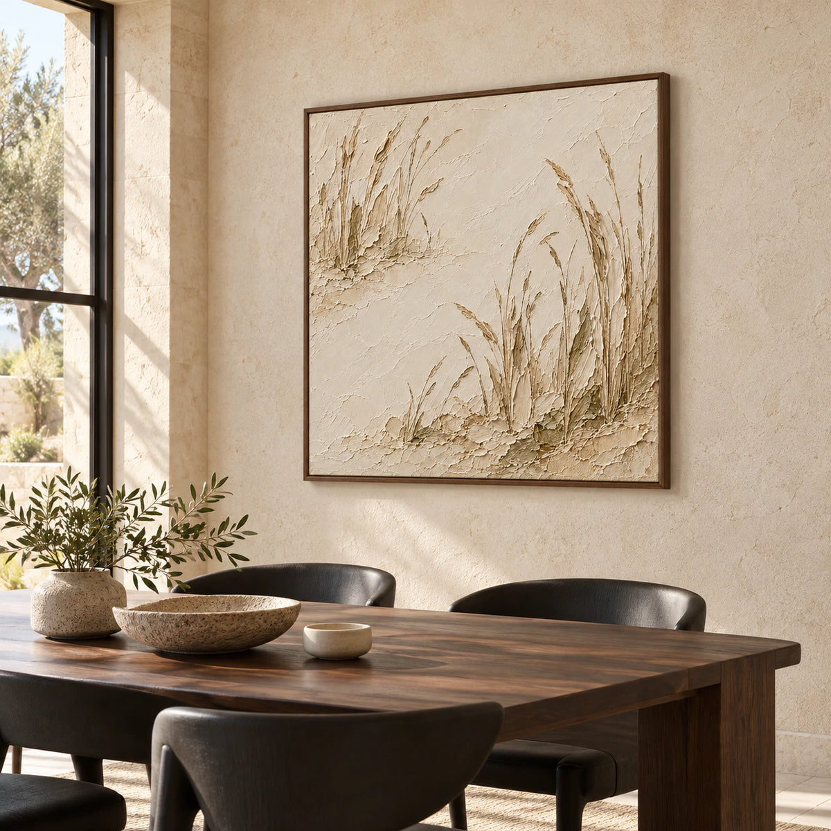 Square artwork displayed above a dark walnut dining table in a refined bright dining room with sculptural black chairs.