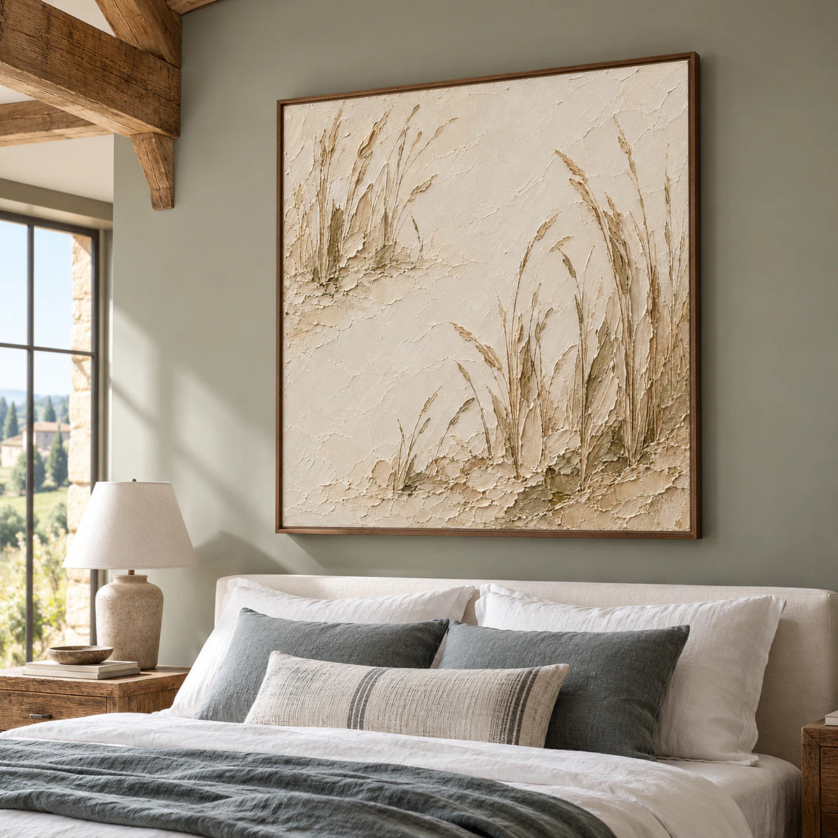 Square artwork above a simple bed in a quiet bright bedroom with crisp white linens and muted gray accents.
