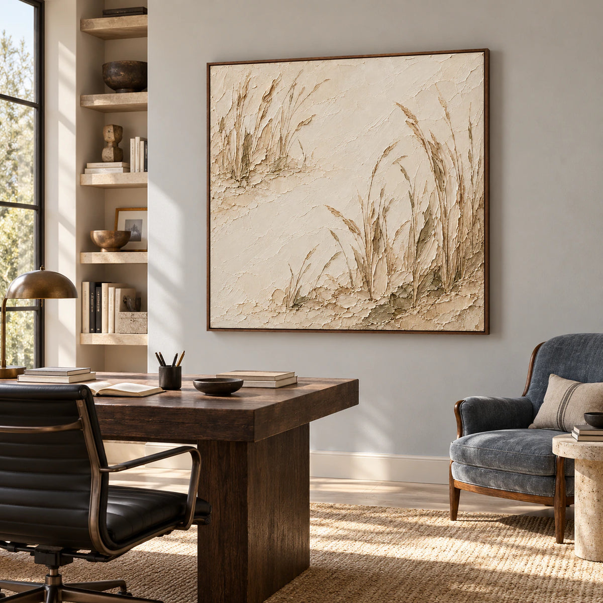 Square artwork anchoring an airy home office with a dark writing desk, open shelving and soft daylight.