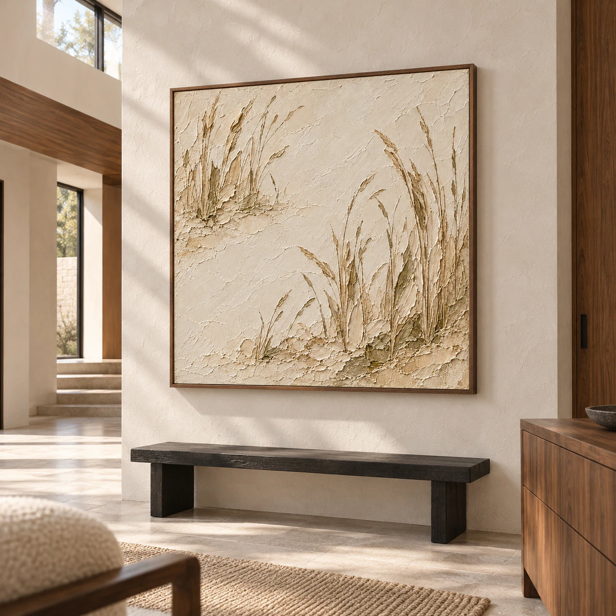Large square artwork commanding a bright foyer wall with pale stone flooring and a restrained bench.