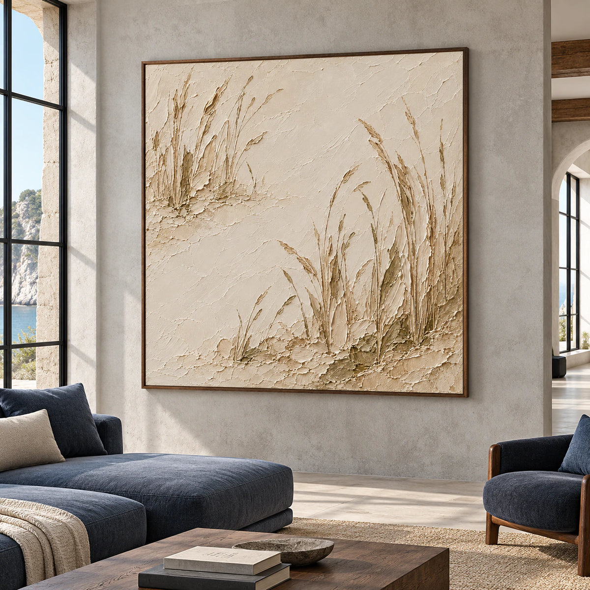 Square artwork displayed at scale in an expansive loft interior with concrete surfaces and restrained dark furnishings.