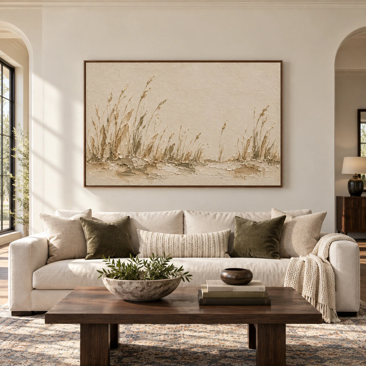 Straight-on view of a large textured reed landscape above a cream sofa in a spacious, bright living room with pale walls and dark wood furnishings.