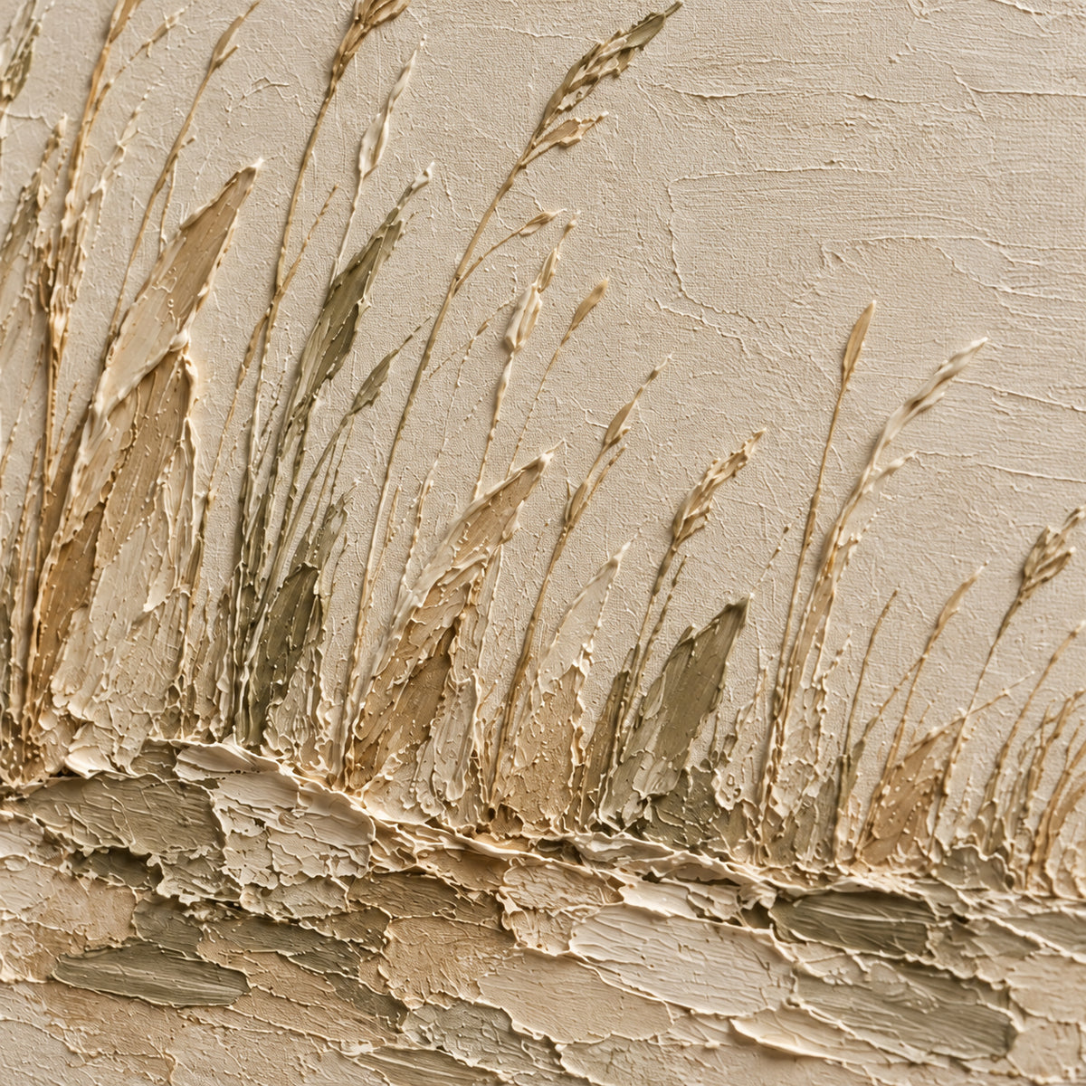 Oblique close-up of the oil painting’s raised paint ridges, reed strokes and ivory, sand and olive tones under grazing directional light.
