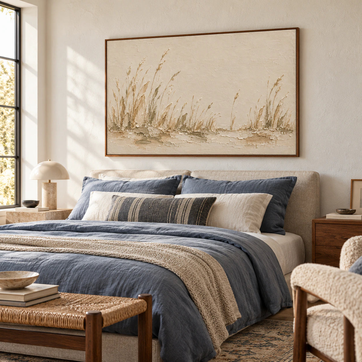 Low left-oblique view across a bed with slate blue bedding toward the textured reed landscape above it in a softly daylit bedroom.