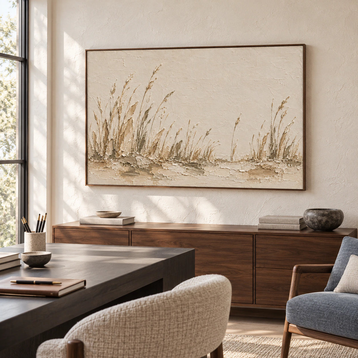 Right-oblique view of the reed landscape in an airy home office with a dark desk, reading chair, large window and muted blue accents.