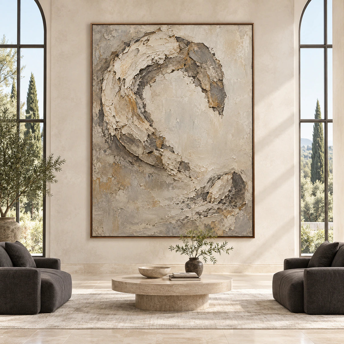 Relic-Arc displayed at large scale, straight-on, in a bright architectural living space.
