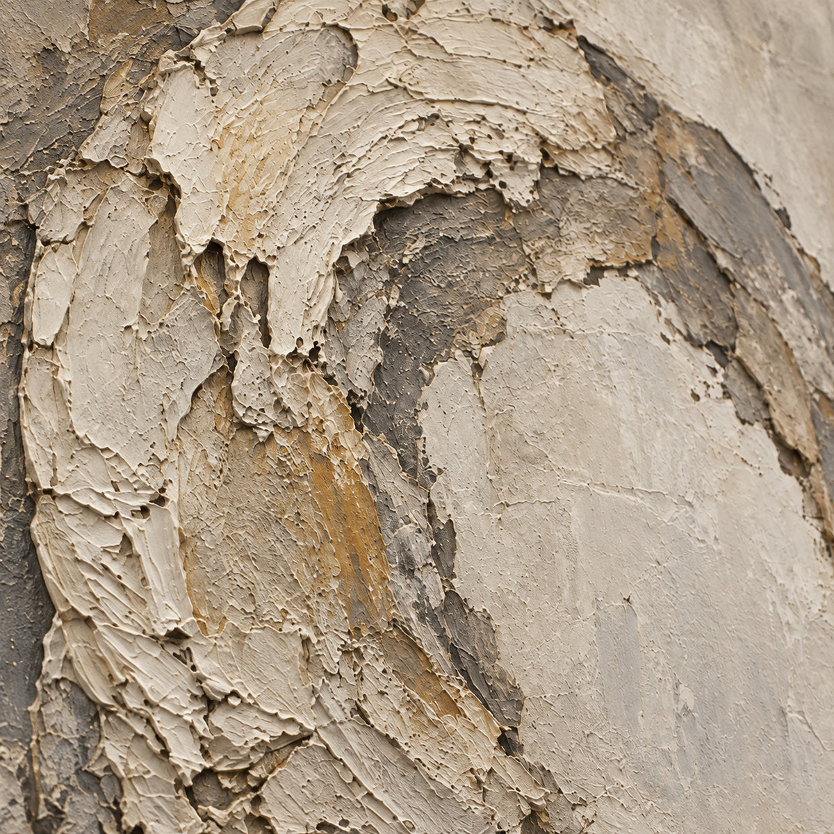 Relic-Arc oil painting brushwork and impasto detail photographed from an oblique side angle