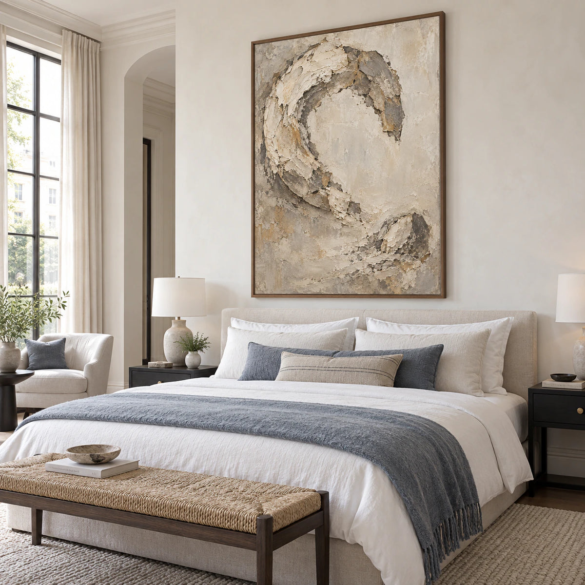 Relic-Arc bringing tactile depth to a quiet, light-filled bedroom.