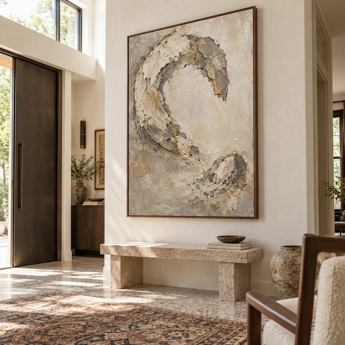 Relic-Arc installed at gallery scale in a bright sculptural foyer.