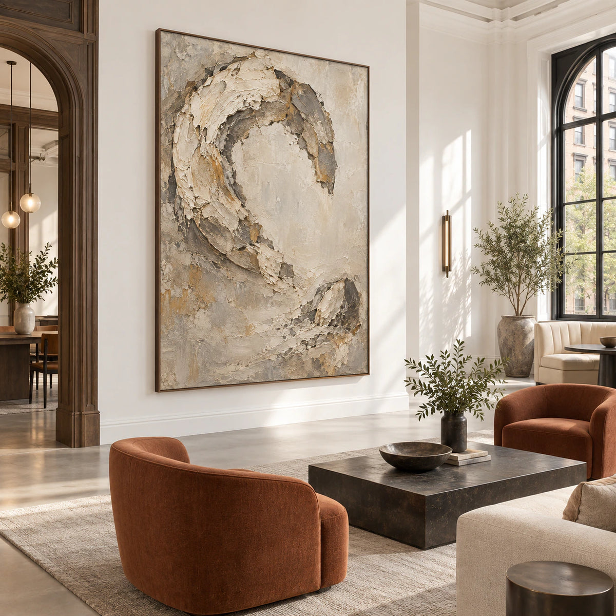 Relic-Arc as a large focal artwork in an expansive hospitality loft interior.