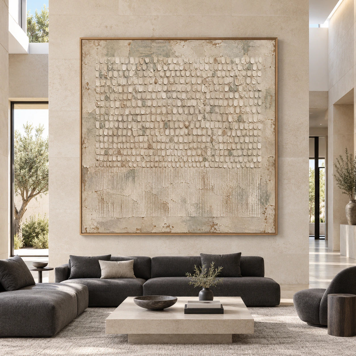 Large square Relief-Sequence artwork displayed straight-on in a spacious architectural interior.