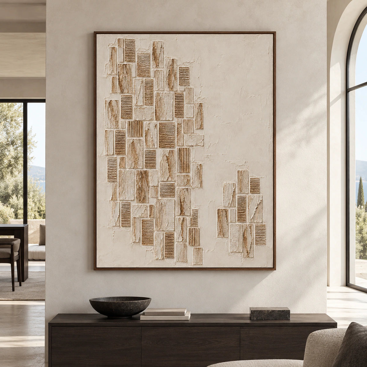 Large Ribbed-Archive abstract wall art displayed at scale on a pale plaster wall in a spacious, bright room.
