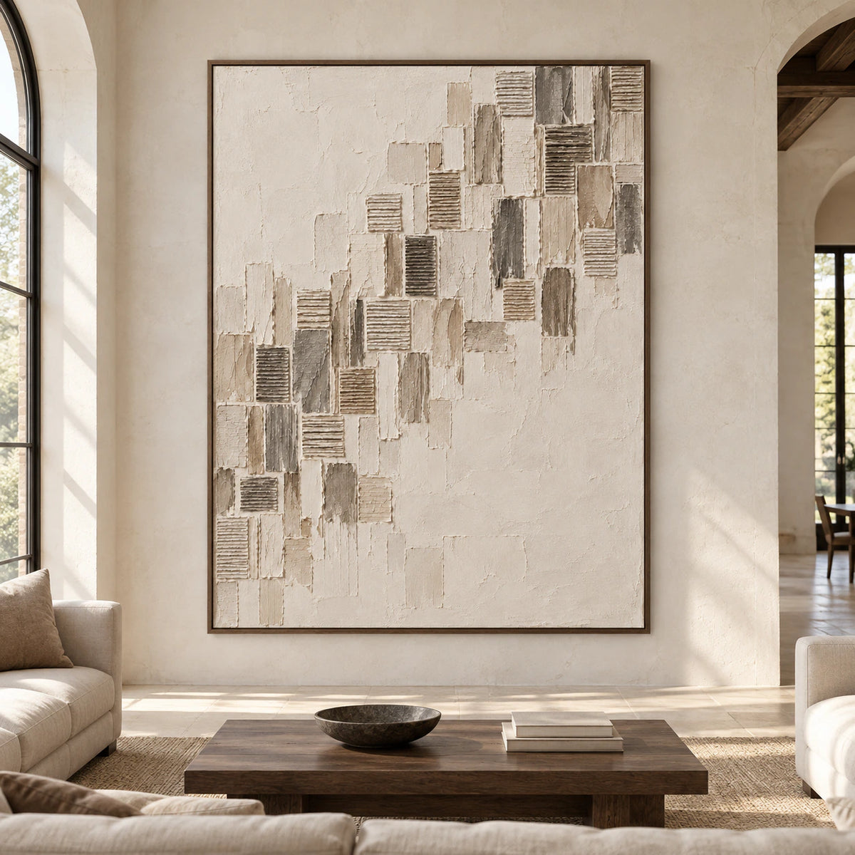 Large vertical Ribbed-Ascent painting centered straight-on in a spacious, light-filled architectural living room.