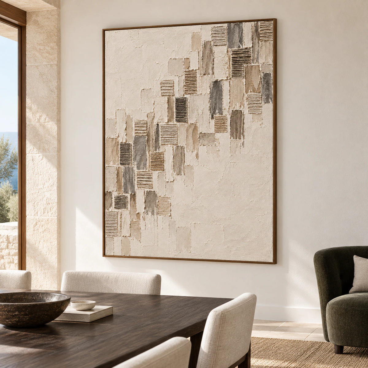 Ribbed-Ascent shown prominently on a light stone wall in a refined dining room with a dark timber table and restrained linen chairs.